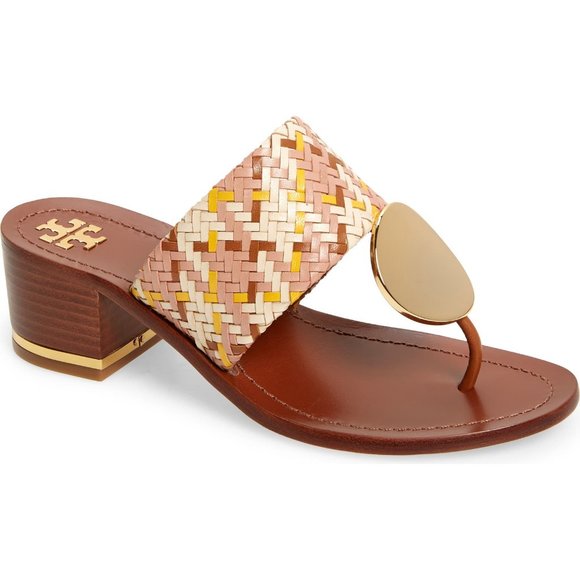 Tory Burch PATOS DISK MID-HEEL SANDAL Woven Neutral Pink Gold Accent Details - Picture 14 of 14